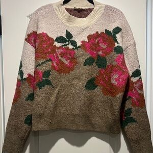 Entro | (M) Women’s Floral Crew Neck Sweater - Pink, Brown, and Green